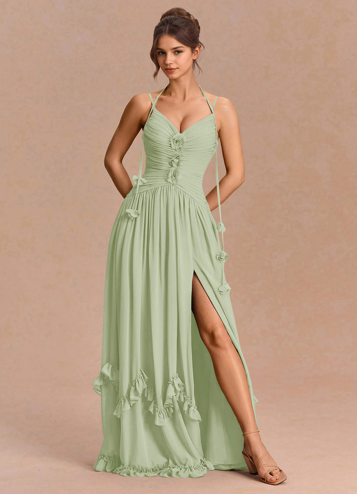 Eulalie A-Line Floral-Appliqué Chiffon Evening Dress in Light Green