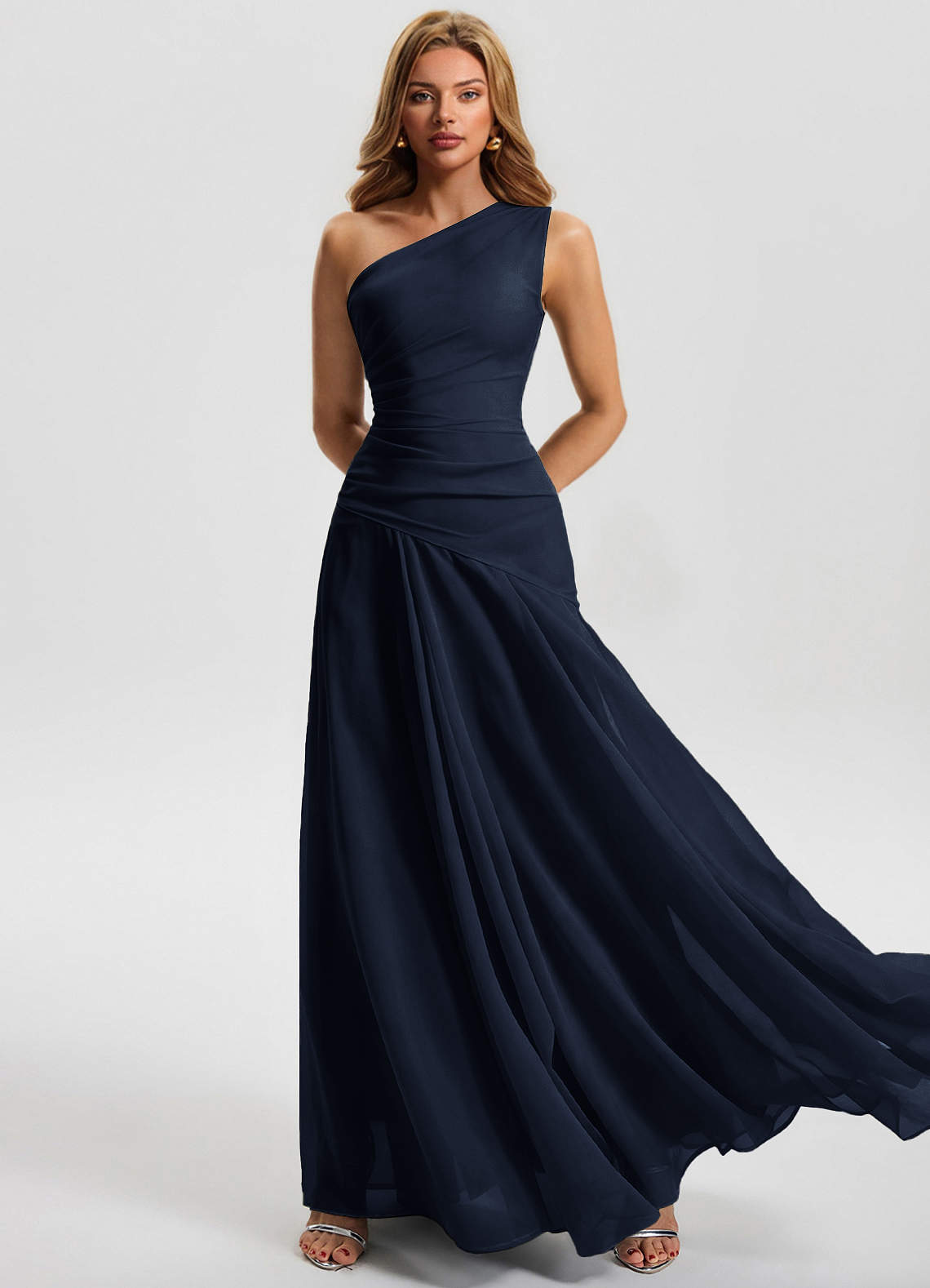 Sylvaine A-Line One-Shoulder Chiffon Wedding Guest Dress in Ganache