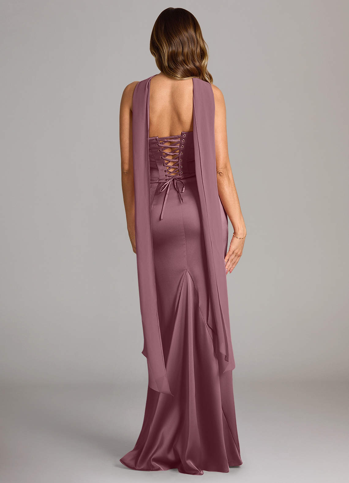 Sorrel Mermaid Cowl-Neck Stretch Satin and Chiffon Bridesmaid Dress in Amethyst