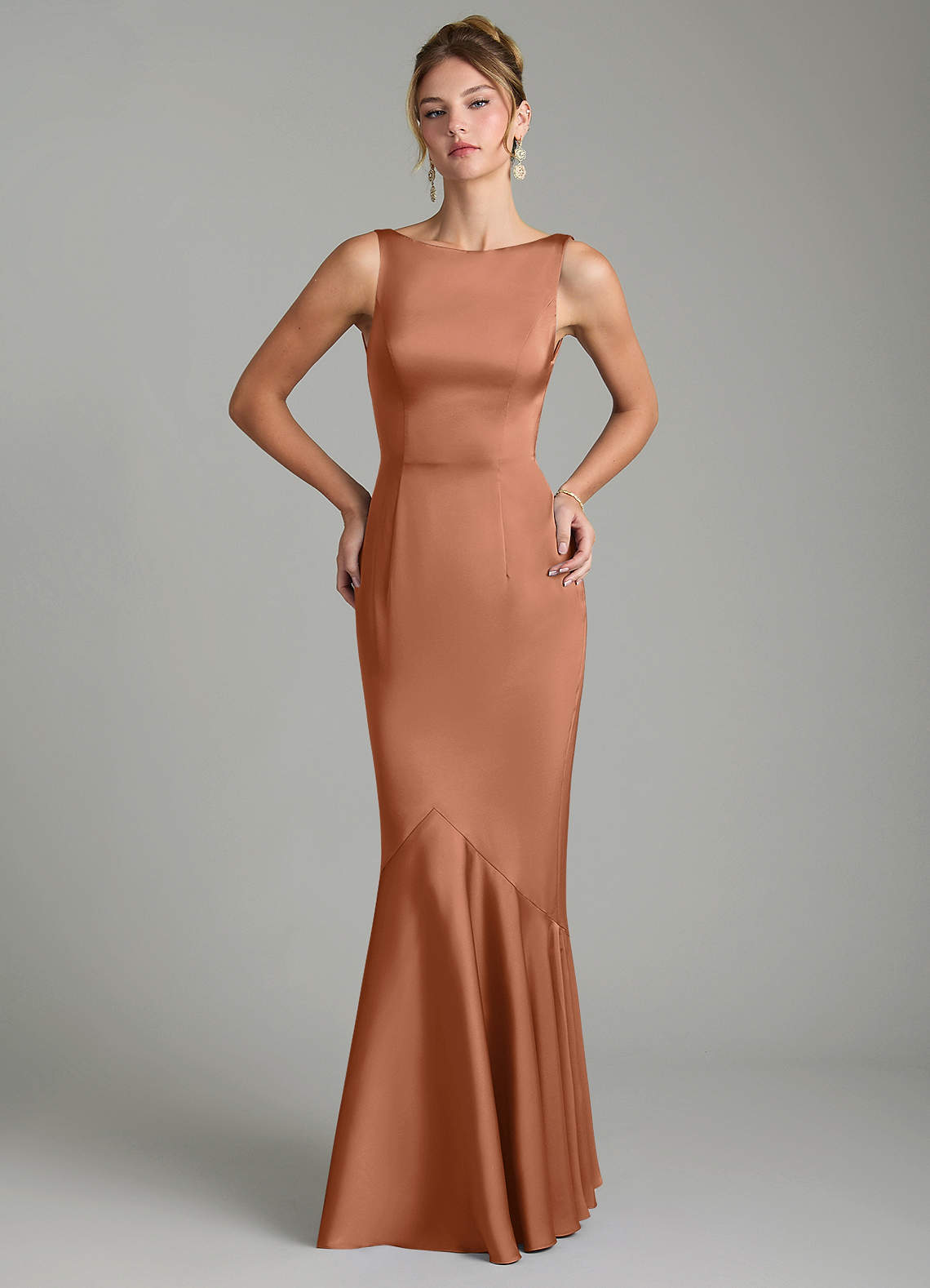 Tamera Mermaid Boat-Neck Stretch Satin and Chiffon Bridesmaid Dress in Bronzer