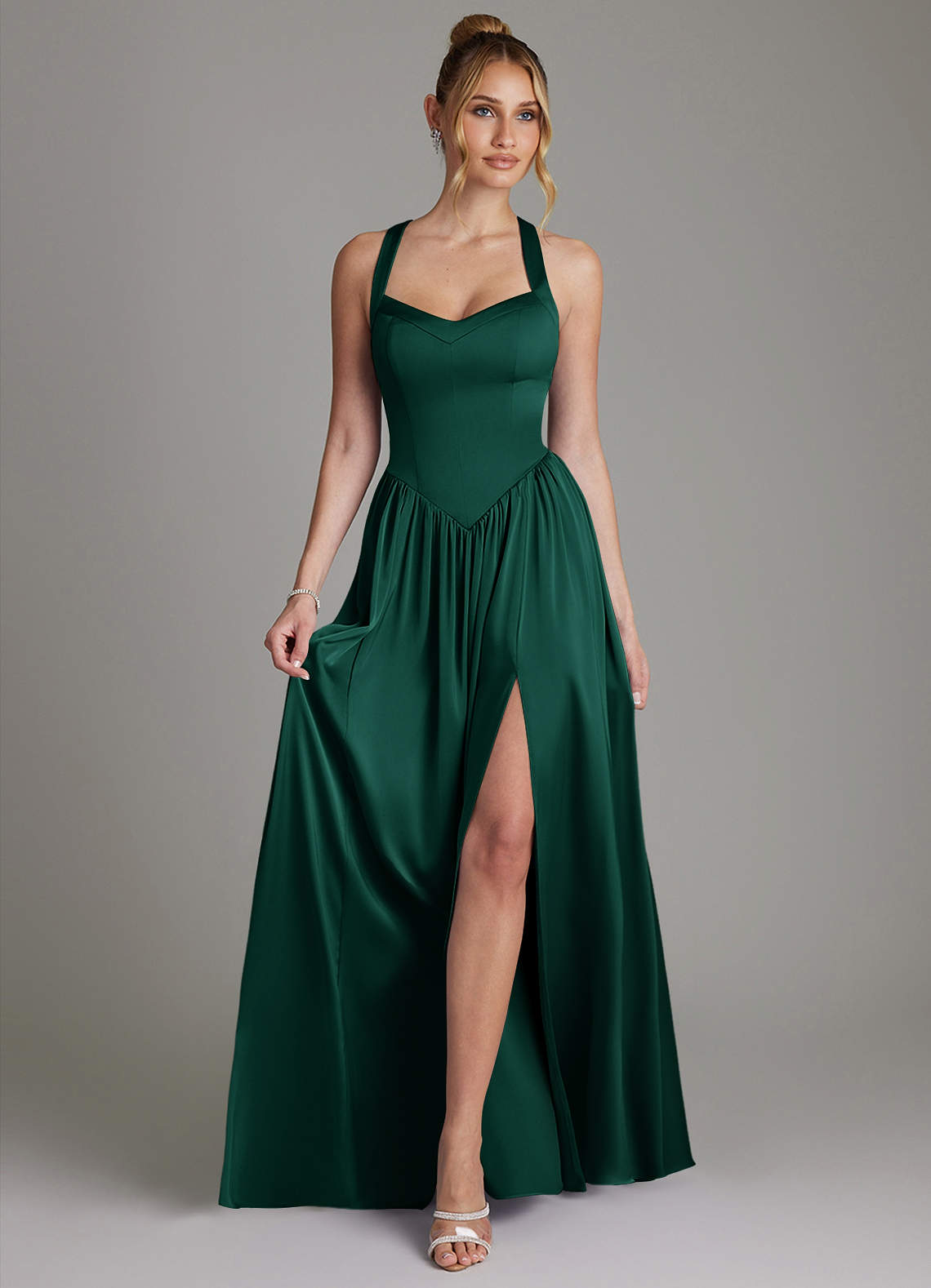 Francis A-Line V-Neck Stretch Satin Bridesmaid Dress in Emerald