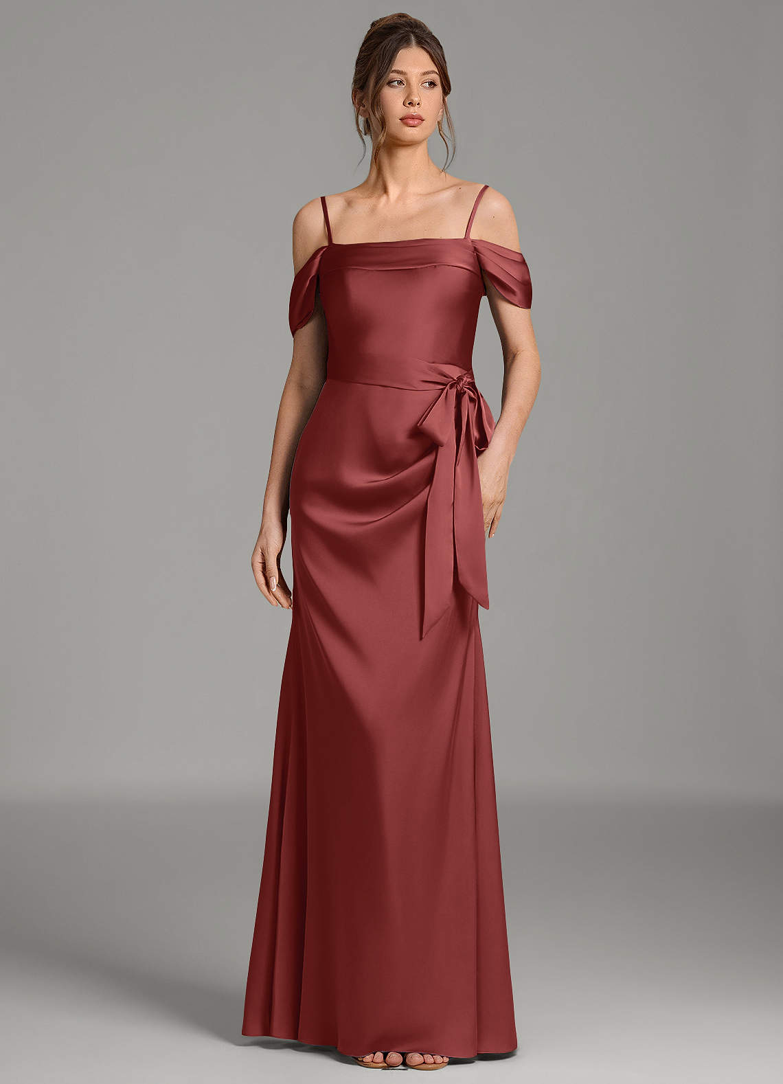Wyatt Mermaid Off-the-Shoulder Stretch Satin Bridesmaid Dress in Terracotta