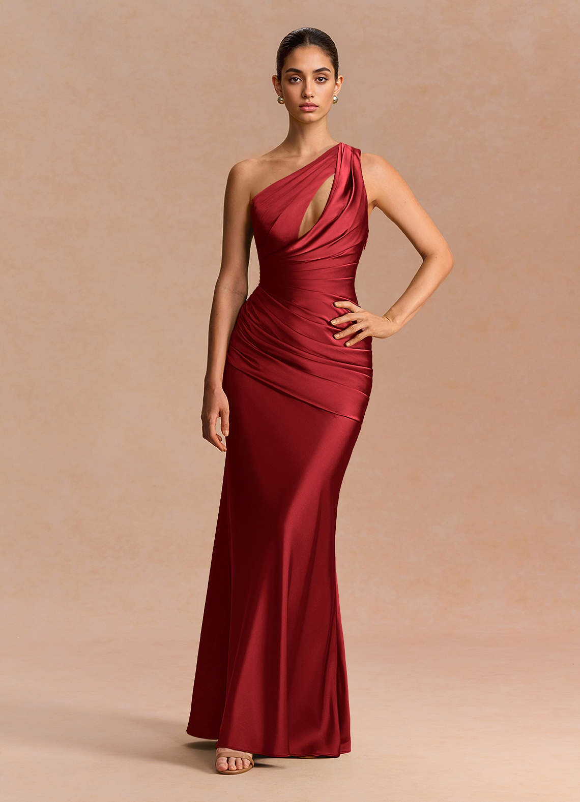 Guinevere One-Shoulder Cutout Stretch Satin Evening Dress in Cherry Red