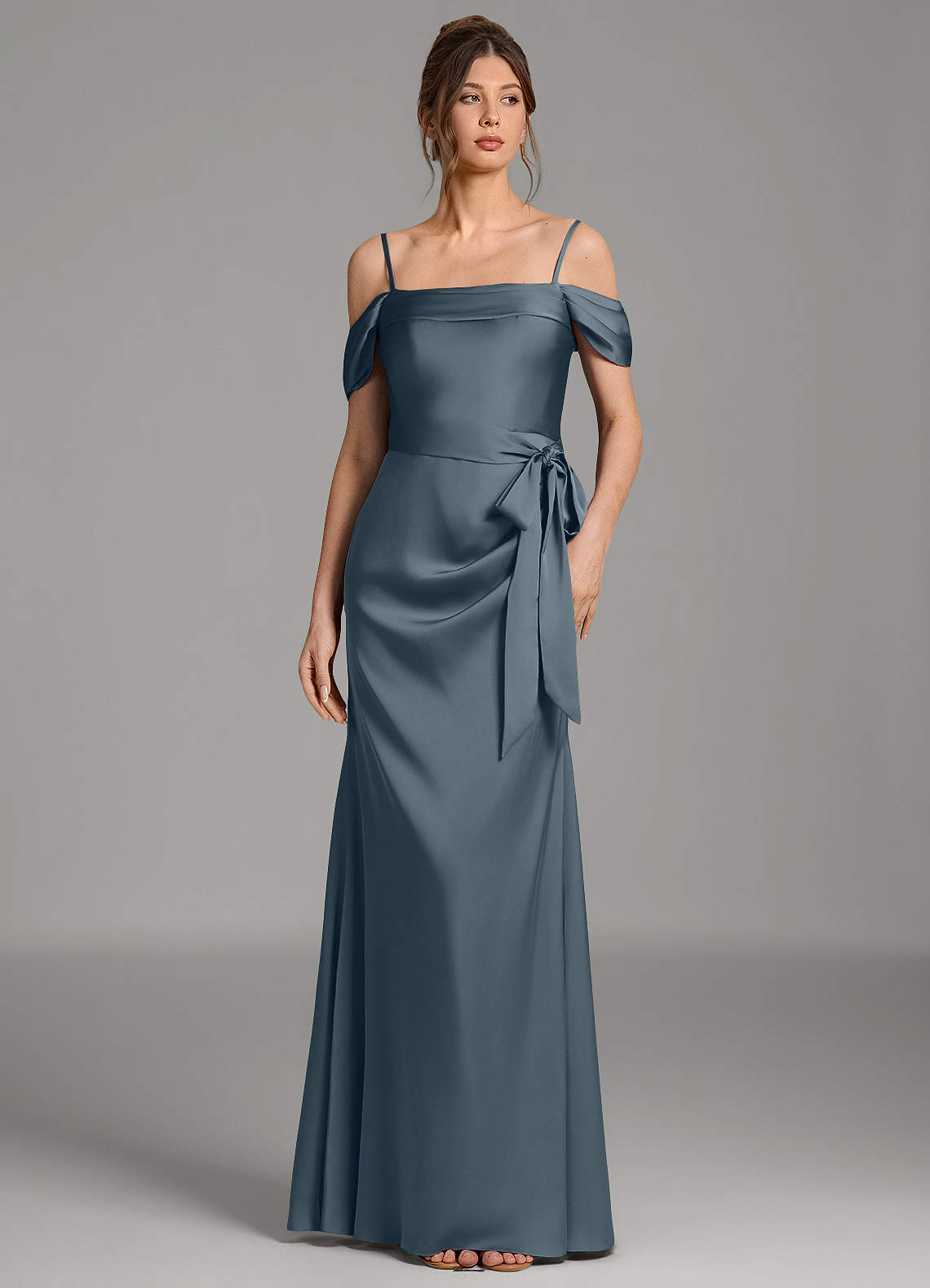 Wyatt Mermaid Off-the-Shoulder Stretch Satin Bridesmaid Dress in Twilight