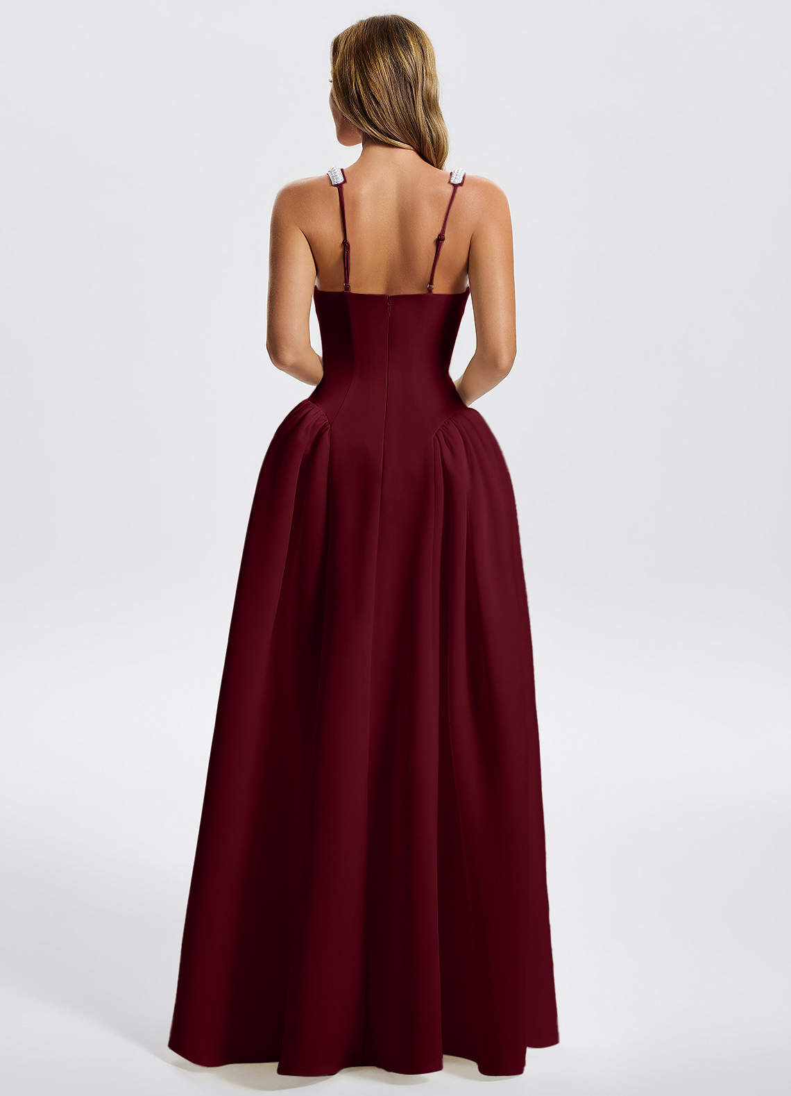 Kaelin A-Line Square-Neck Stretch Knit Evening Dress in Burgundy