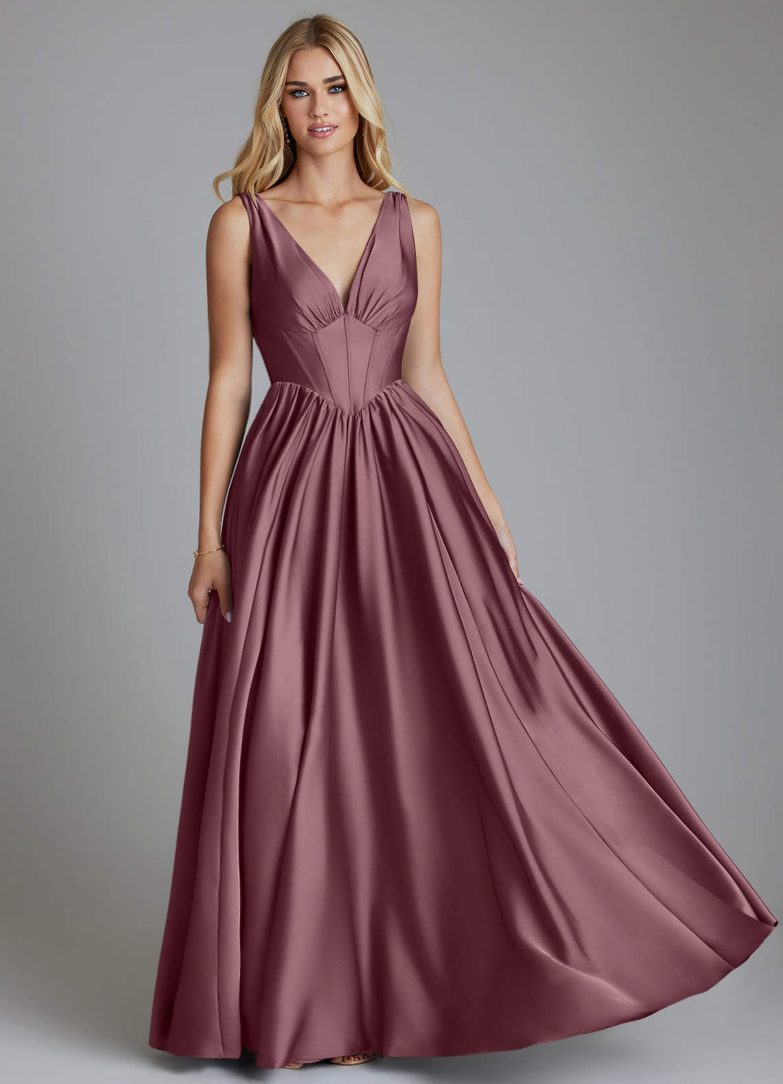 Delmie A-Line V-Neck Stretch Satin Bridesmaid Dress in Amethyst