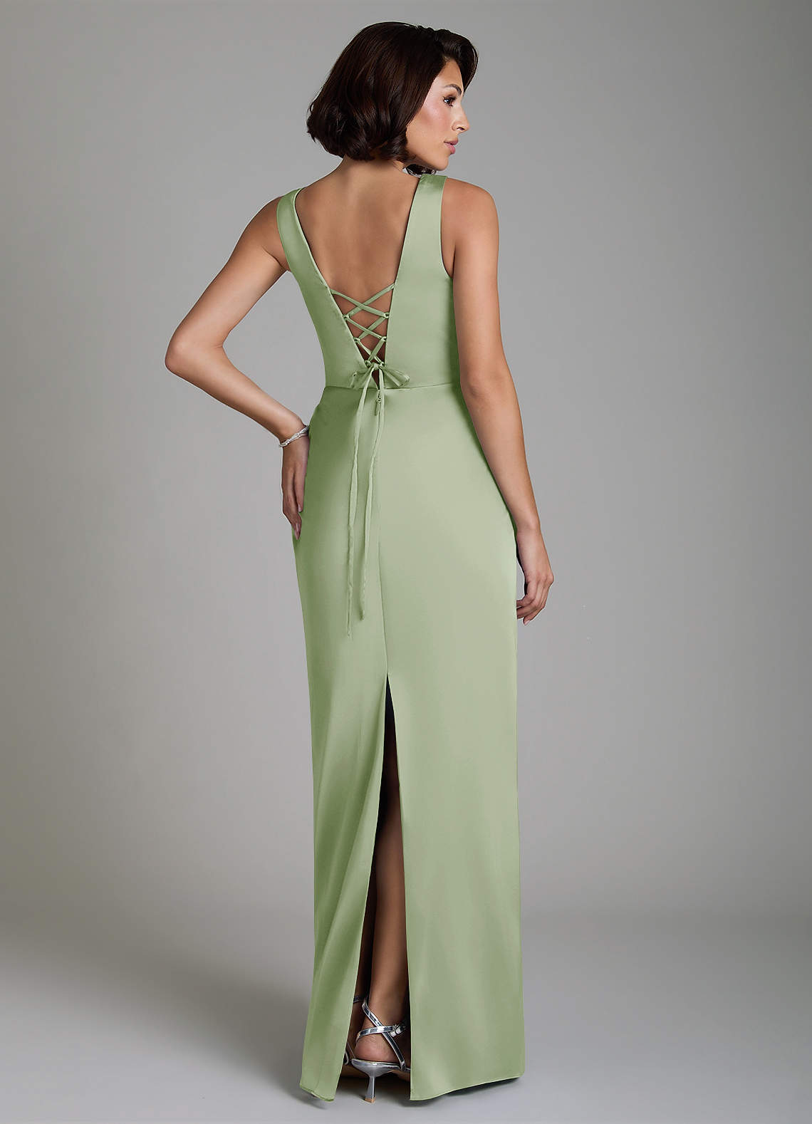 Vanya Sheath V-Neck Stretch Satin Bridesmaid Dress in Dusty Sage