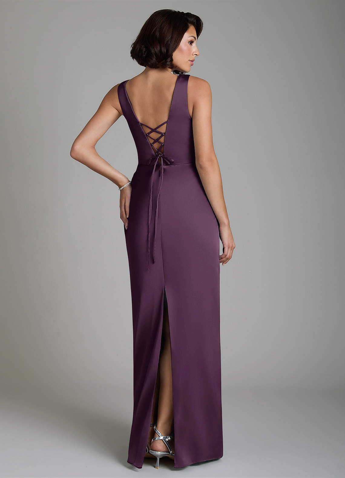 Vanya Sheath V-Neck Stretch Satin Bridesmaid Dress in Plum