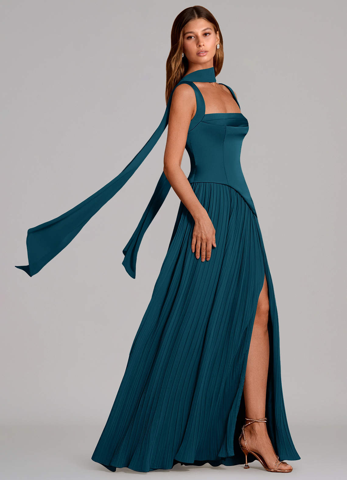 Stephanie A-Line Square-Neck Stretch Satin and Chiffon Bridesmaid Dress in Ink Blue