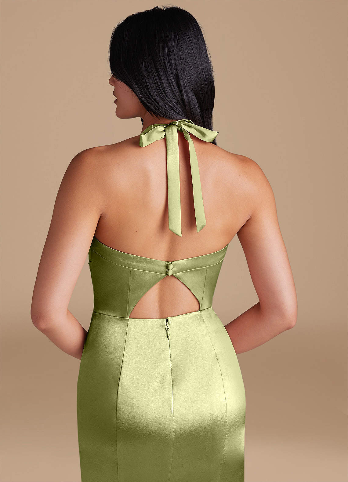 Emeria Sheath Halter Metallic Satin Bridesmaid Dress in Pistachio
