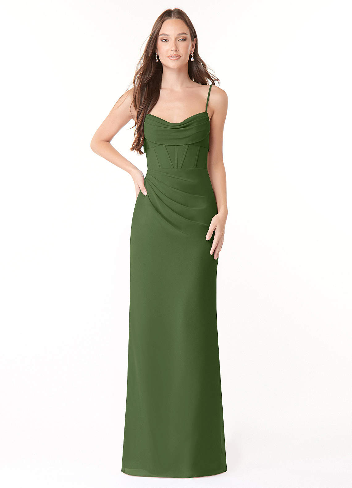 Mai Sheath Cowl-Neck Chiffon Bridesmaid Dress in Olive