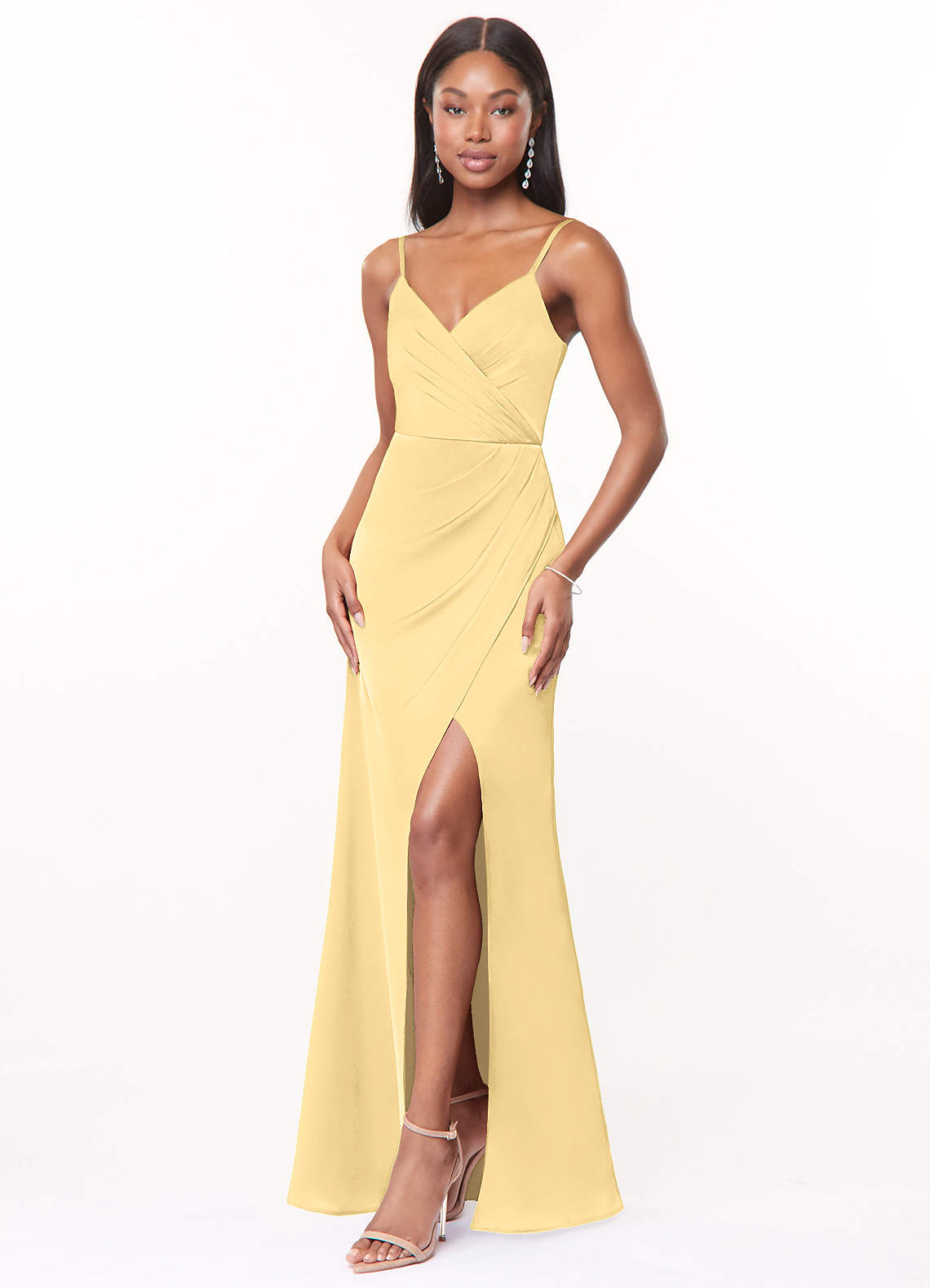 Maci A-Line V-Neck Stretch Satin Bridesmaid Dress in Butter