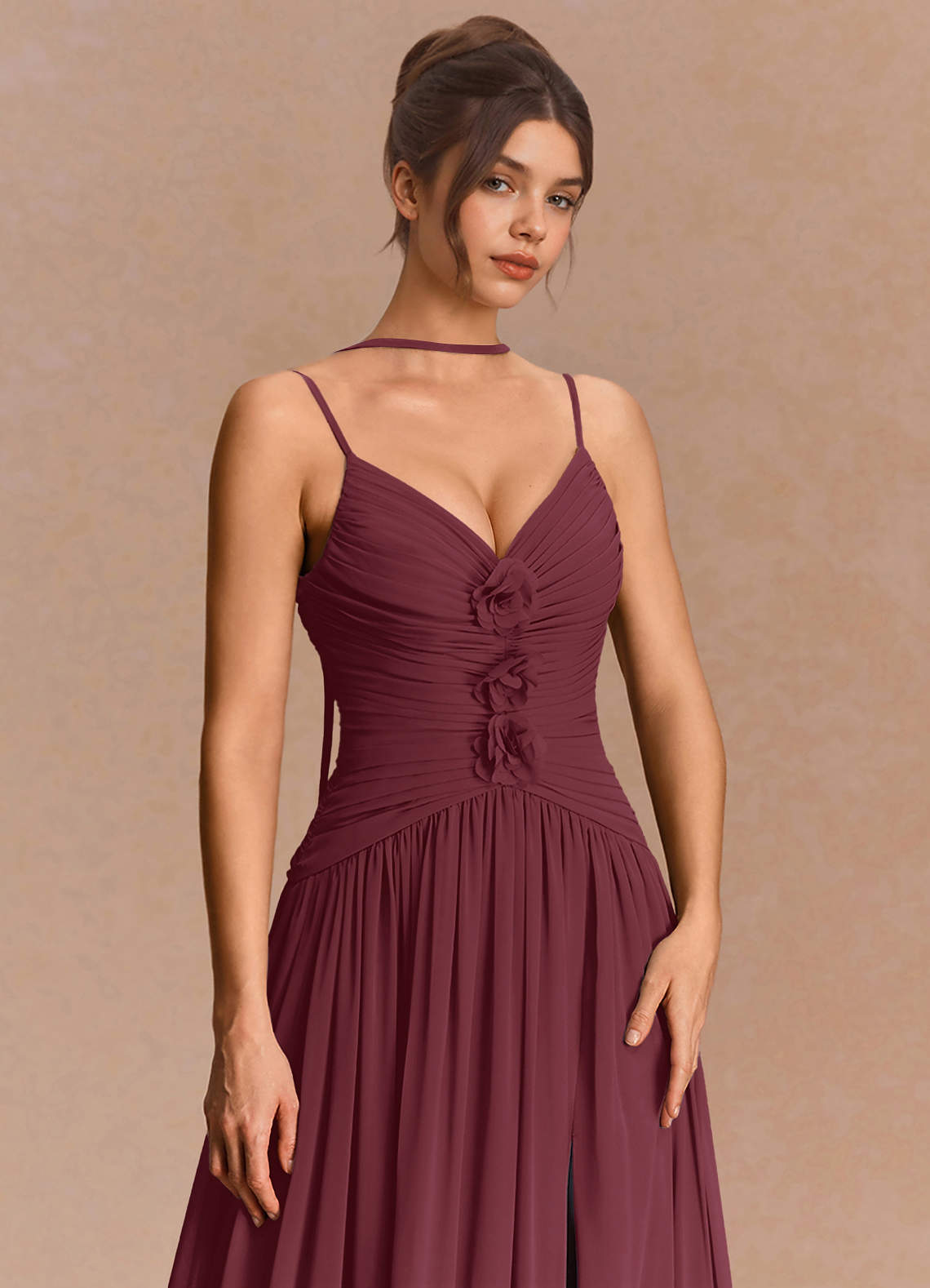 Eulalie A-Line Floral-Appliqué Chiffon Evening Dress in Wine