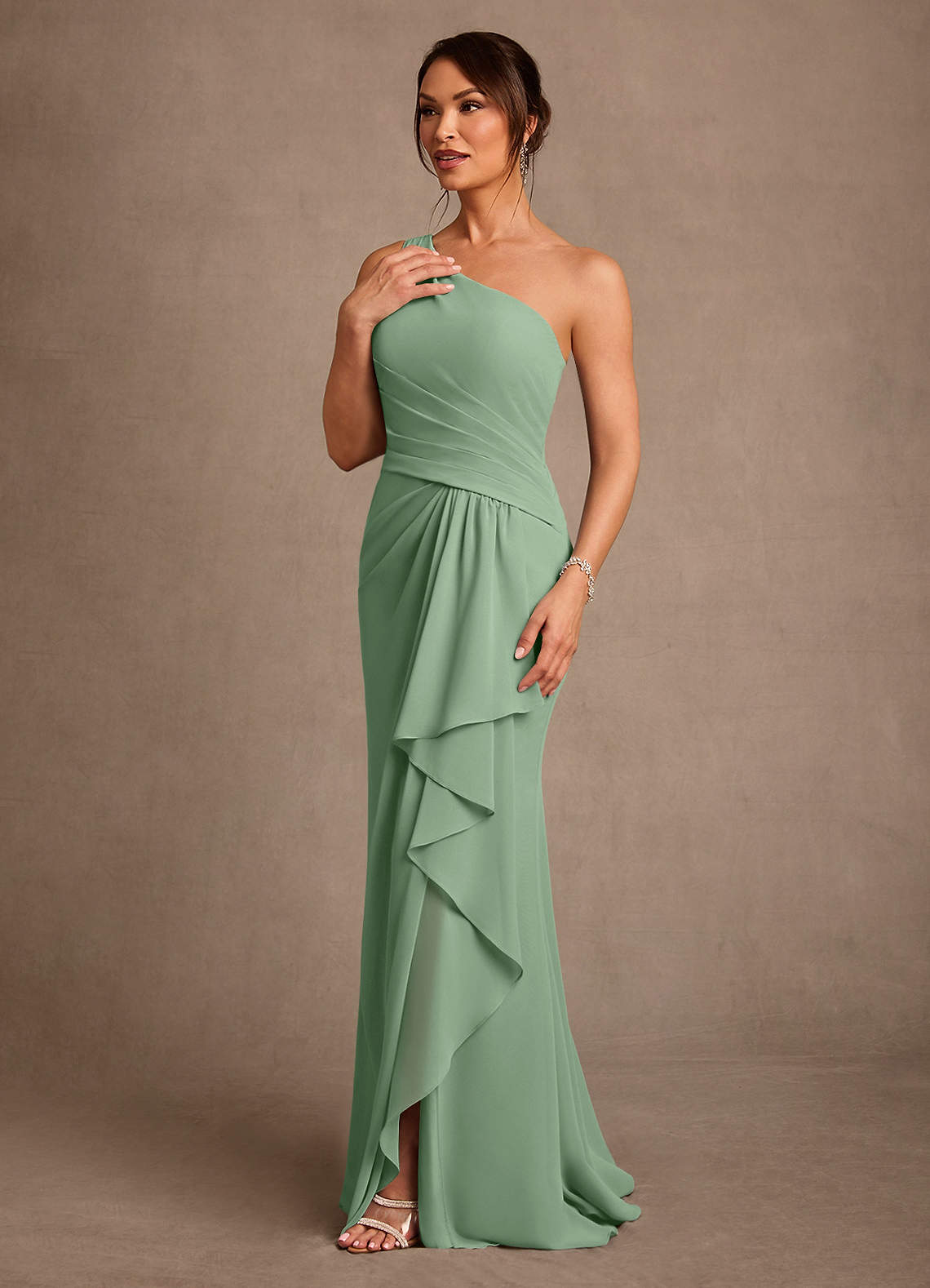 Floy Sheath One-Shoulder Chiffon Mother of the Bride Dress in matcha