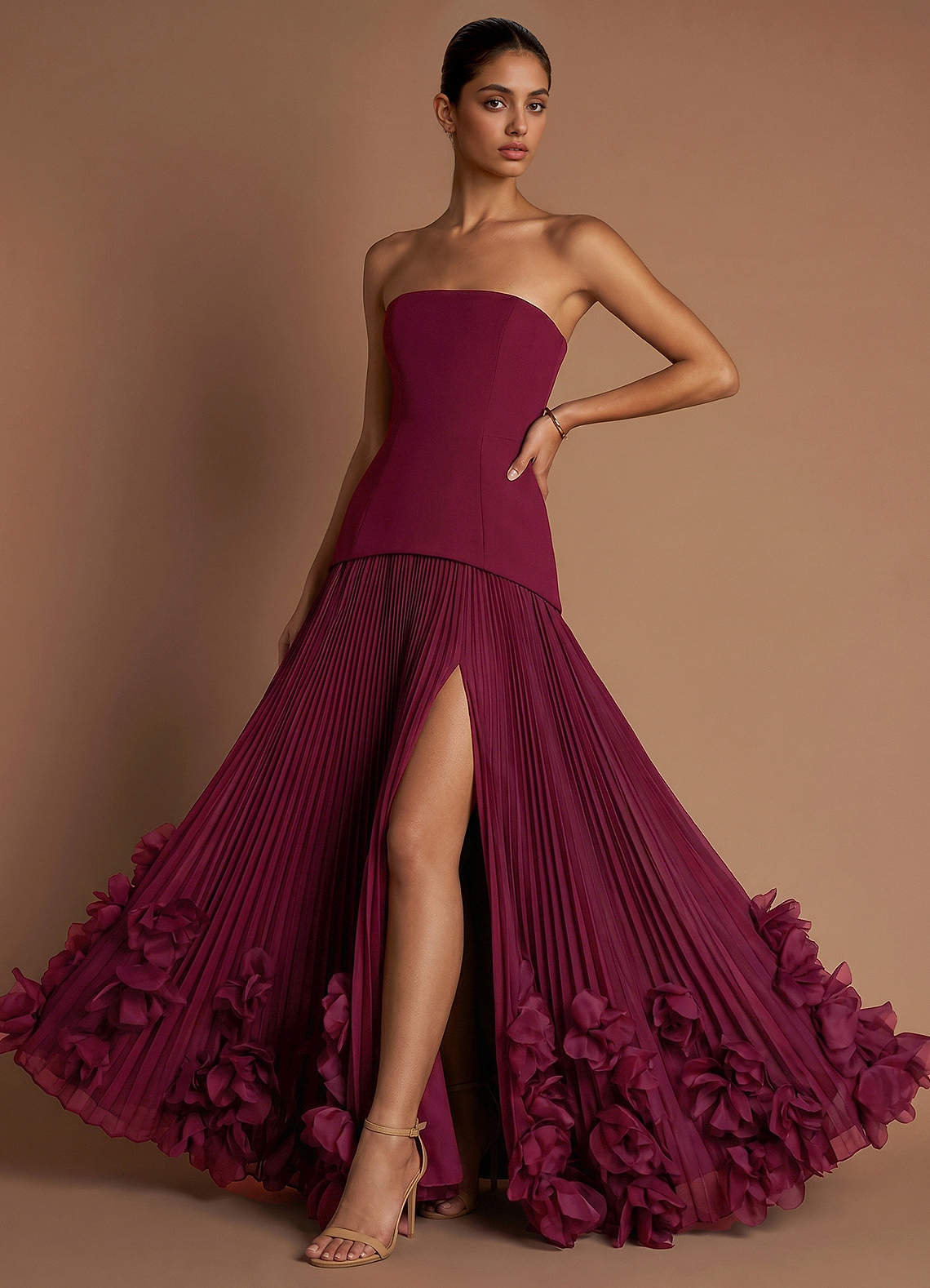 Marnie A-Line Corset Crepe Chiffon Evening Dress in Merlot