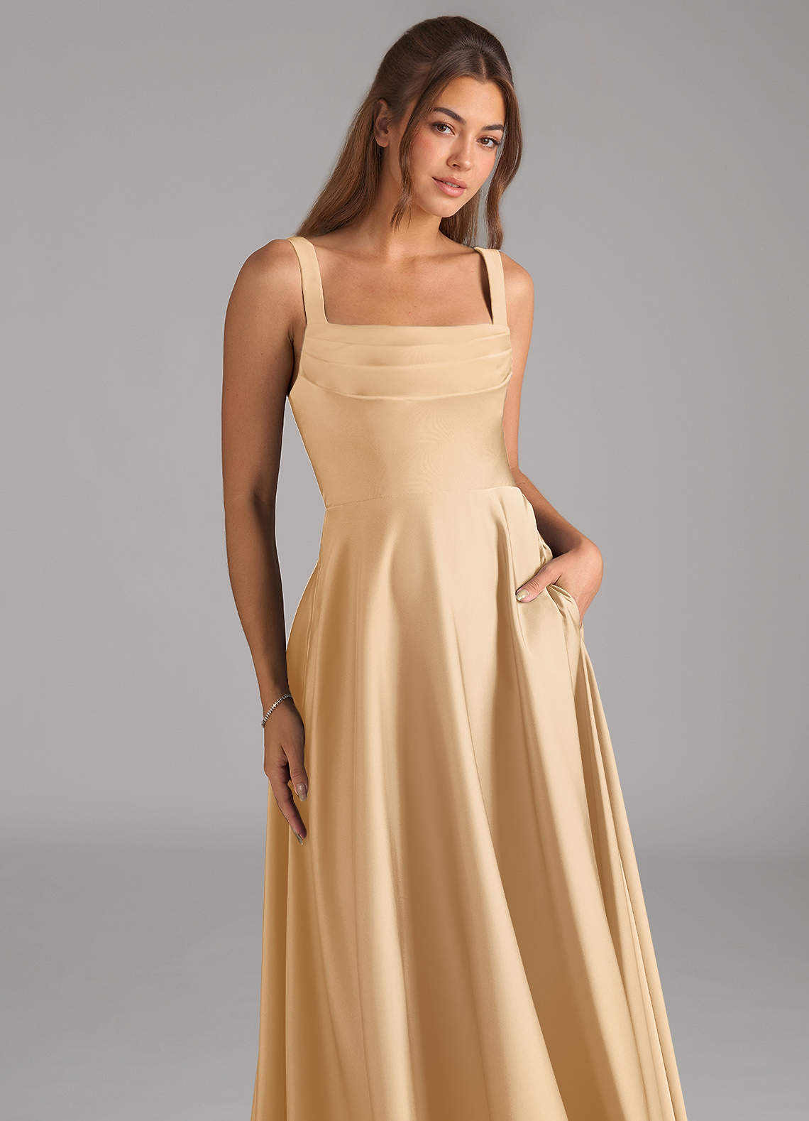 Shaude A-Line Square-Neck Stretch Satin Bridesmaid Dress in Gold
