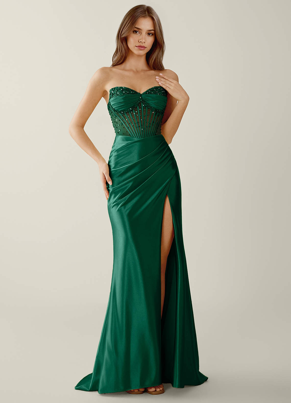 Willa Mermaid Strapless Sequined Satin Evening Dress in Dark Green