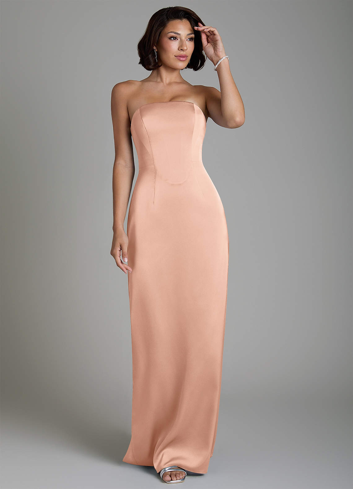 Fallyn Sheath Strapless Stretch Satin Bridesmaid Dress in rose gold
