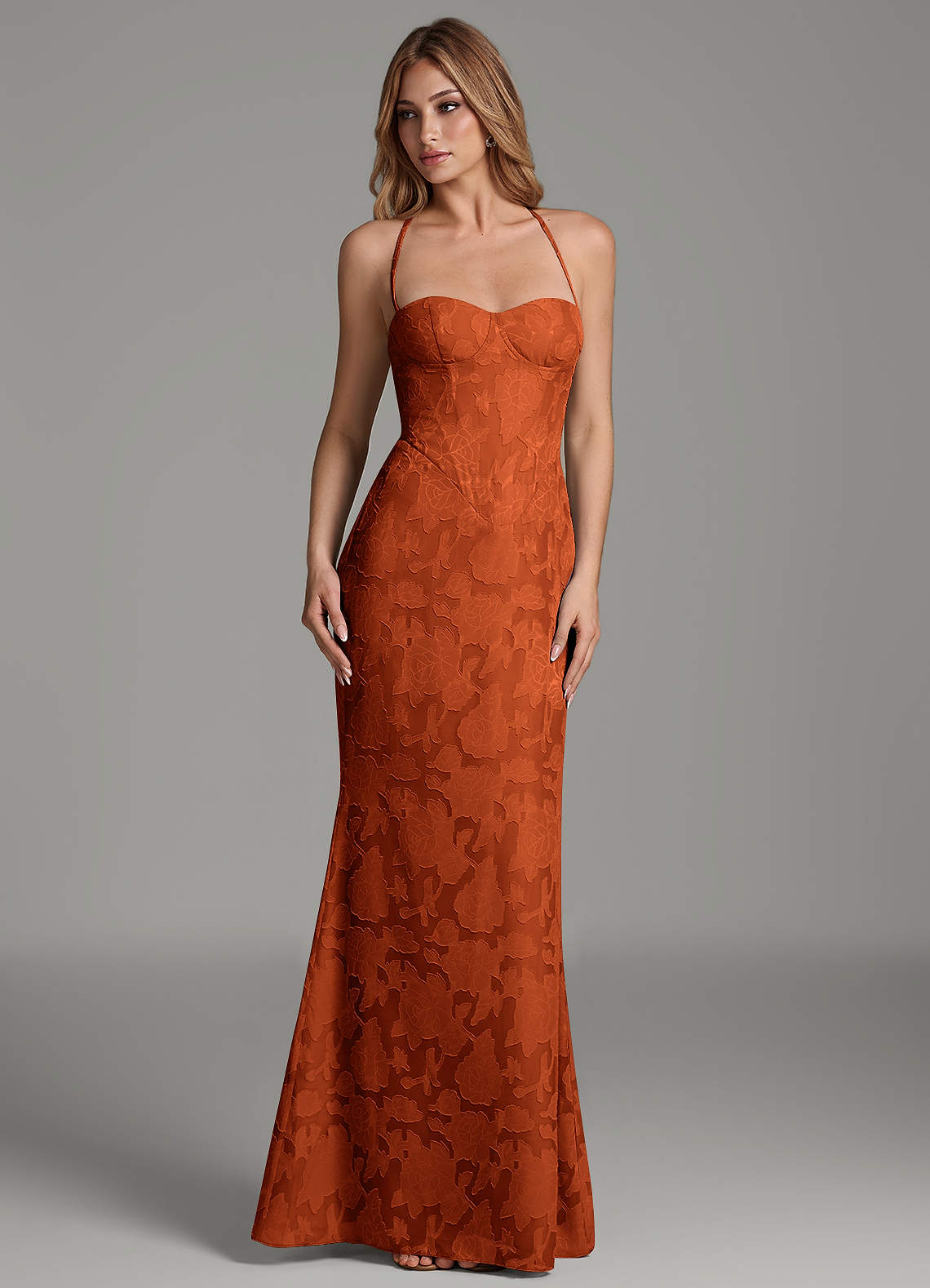 Dara Mermaid Sweetheart Floral Burnout Bridesmaid Dress in Paprika