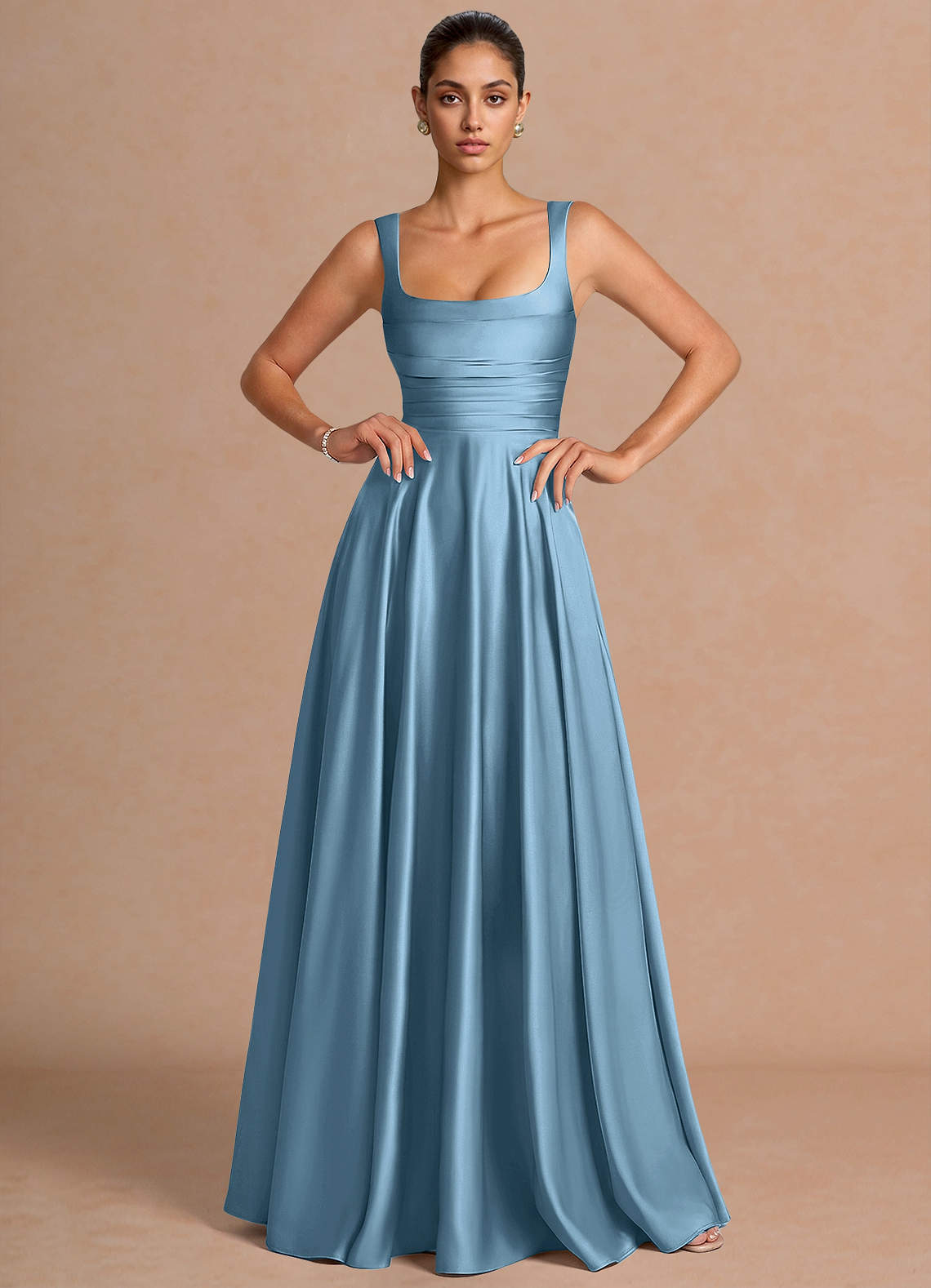 Azaria A-Line Square-Neck Stretch Satin Wedding Guest Dress in Haze blue