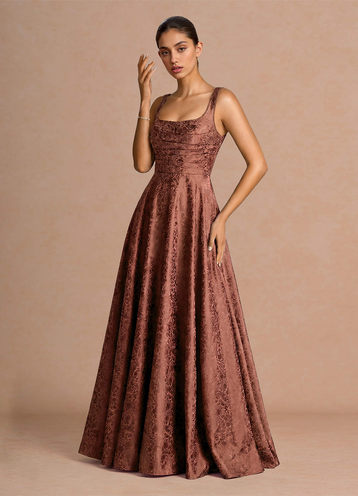 Elowena A-Line Square-Neck Satin Jacquard Evening Dress in Brick Red