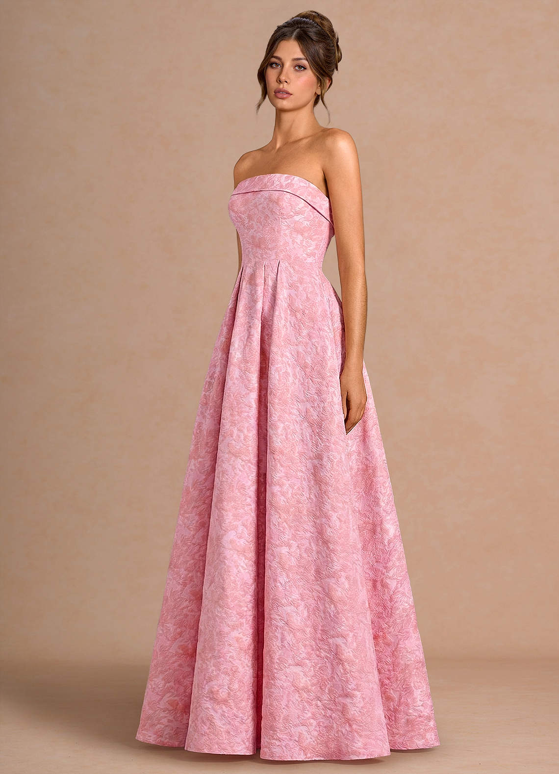 Emberlyn A-Line Strapless Jacquard Evening Dress in Pink Multi