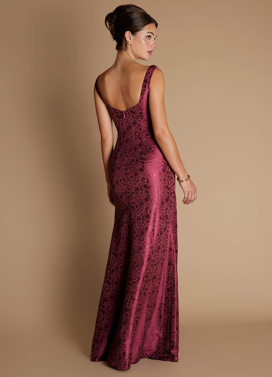 Kiana Mermaid Scoop-Neck Jacquard Wedding Guest Dress in Wine