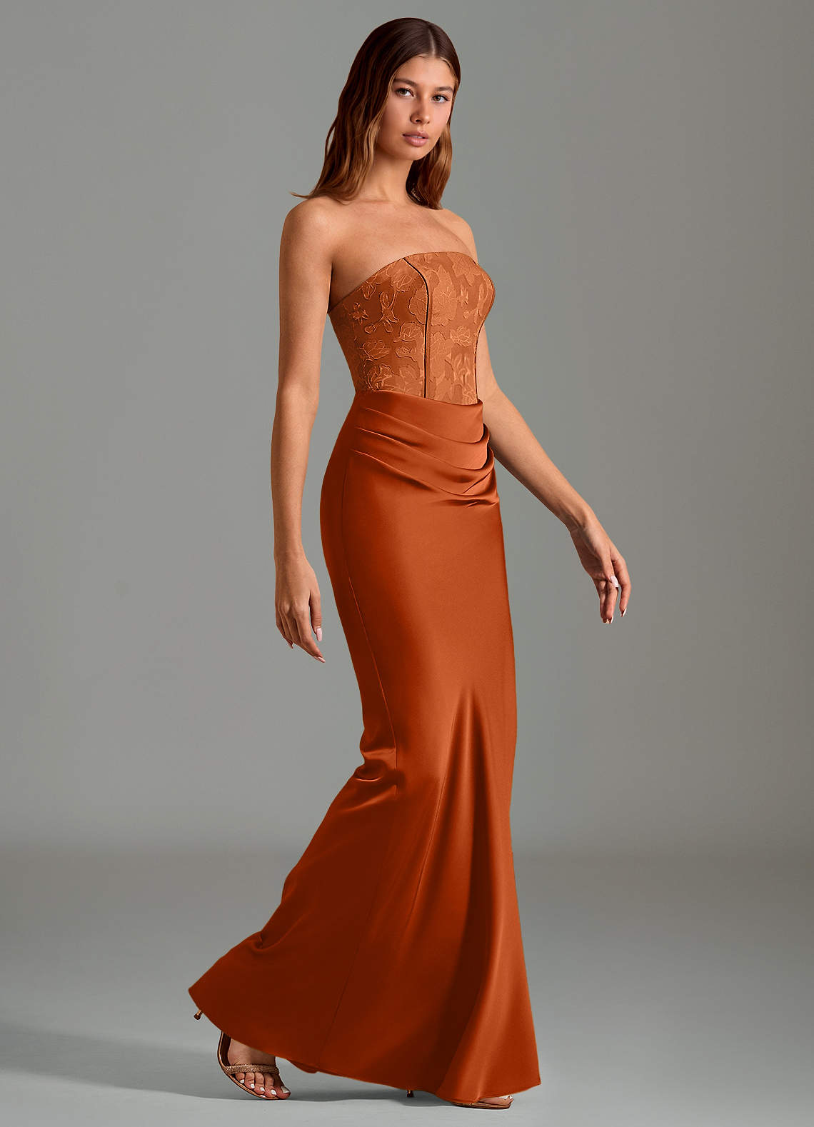 Emilia Mermaid Strapless Stretch Satin and Floral Burnout Bridesmaid Dress in Burnt Orange