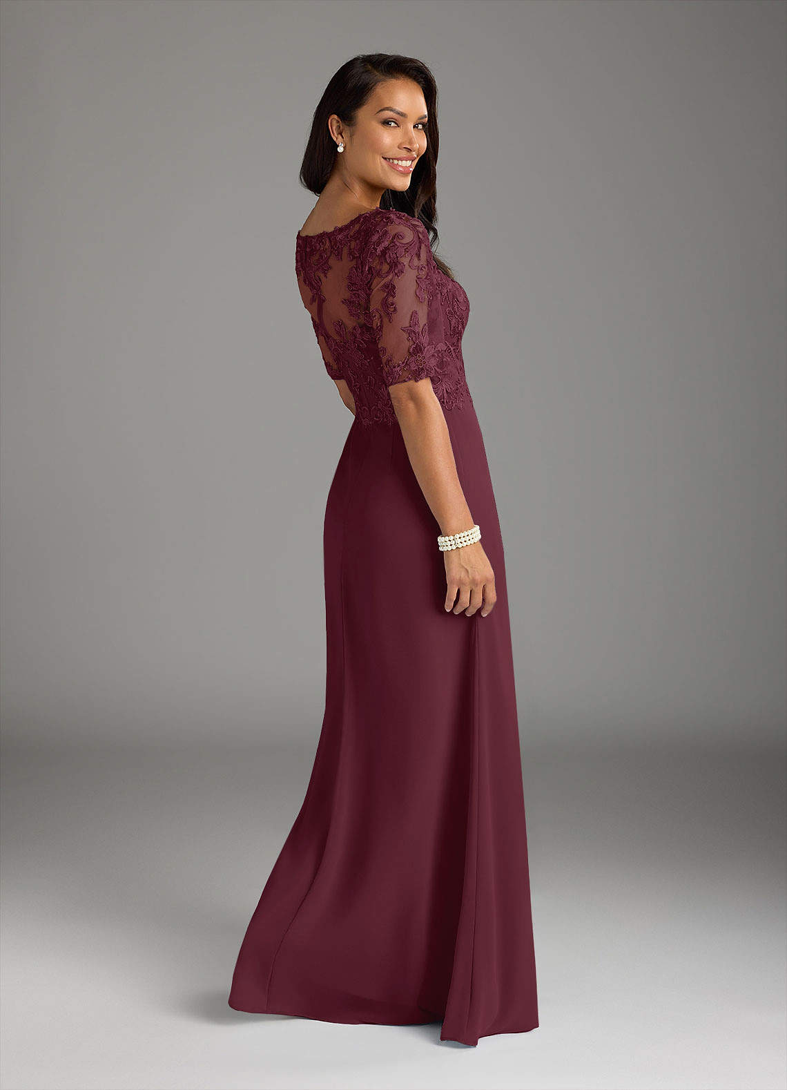 Amedeus A-Line V-Neck Chiffon and Lace Mother of the Bride Dress in Cabernet