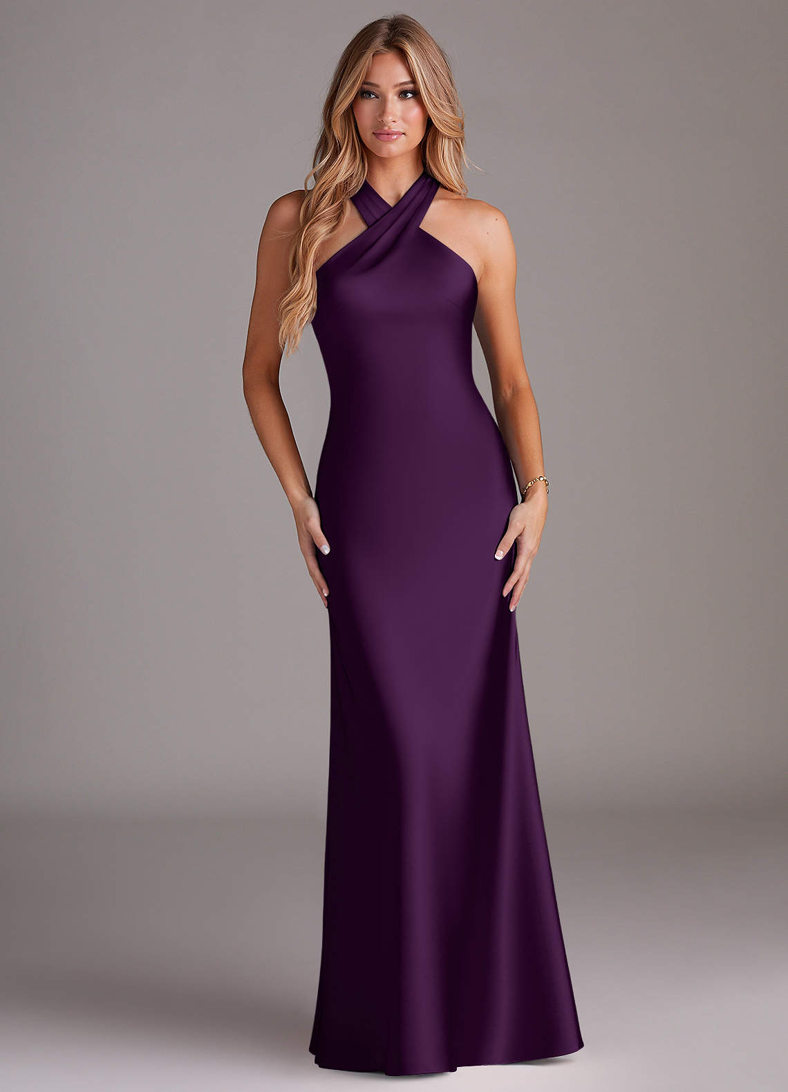 Doretta Mermaid Halter Stretch Satin Bridesmaid Dress in Grape
