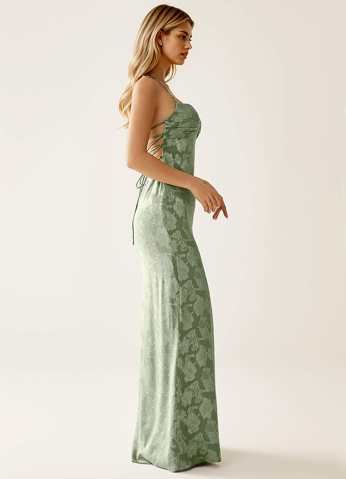Angena Sheath Halter Floral Burnout Evening Dress in Light Green