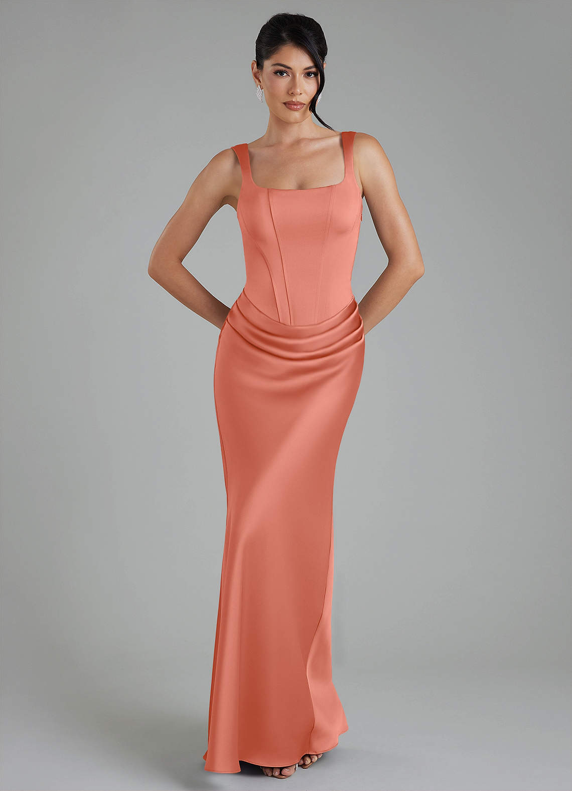Etta Mermaid Square-Neck Stretch Satin Bridesmaid Dress in Salmon Pink