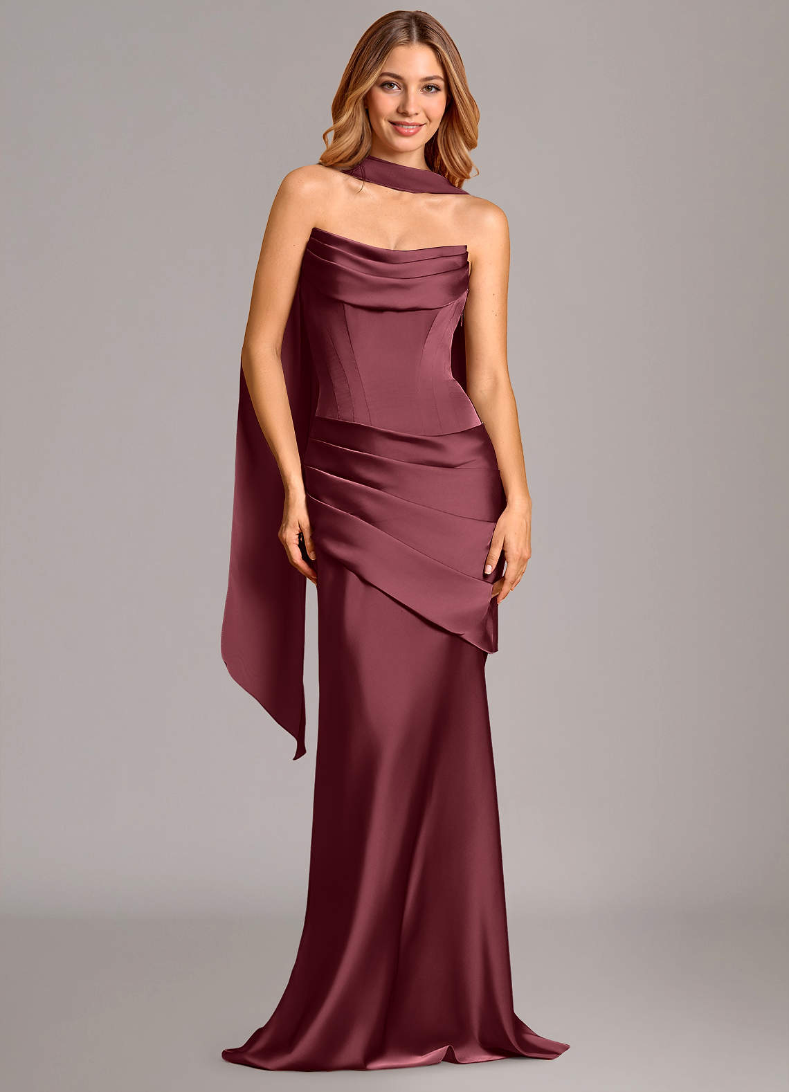 Pelagia Mermaid Cowl-Neck Stretch Satin Bridesmaid Dress in Merlot