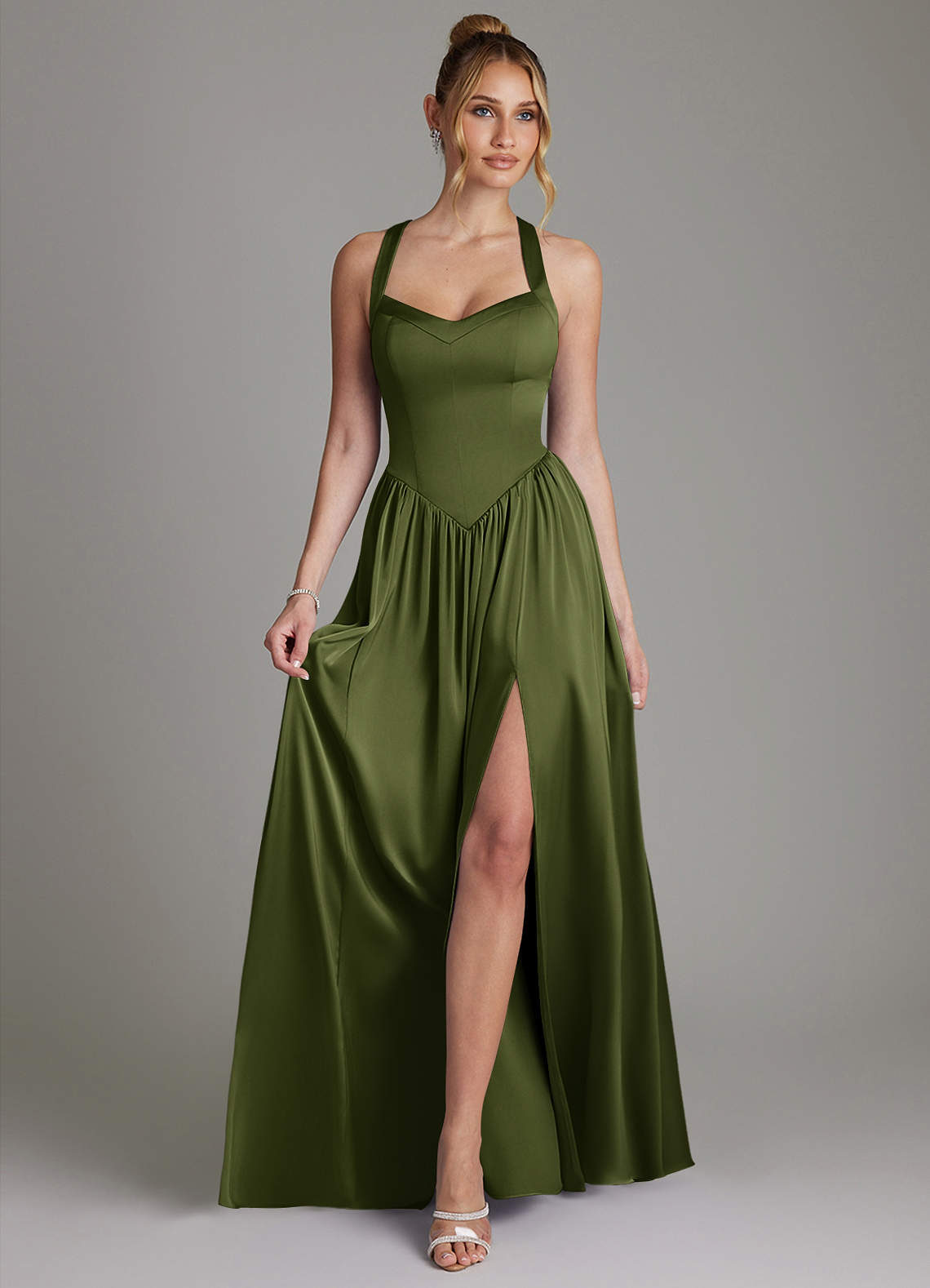 Francis A-Line V-Neck Stretch Satin Bridesmaid Dress in Olive