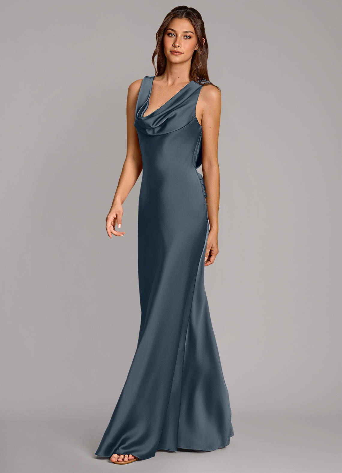 Cheryl Mermaid Cowl-Neck Stretch Satin Bridesmaid Dress in Twilight