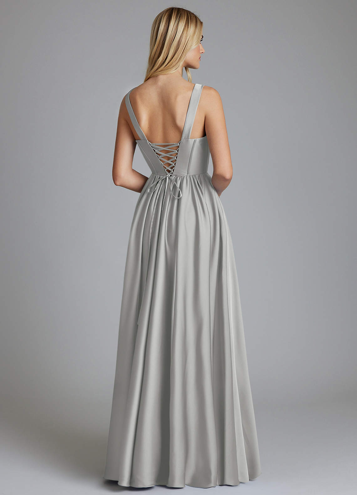 Delmie A-Line V-Neck Stretch Satin Bridesmaid Dress in Silver