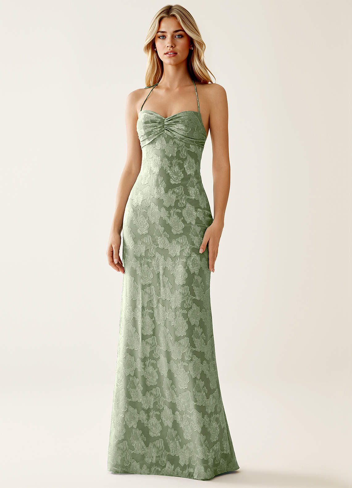 Angena Sheath Halter Floral Burnout Evening Dress in Light Green