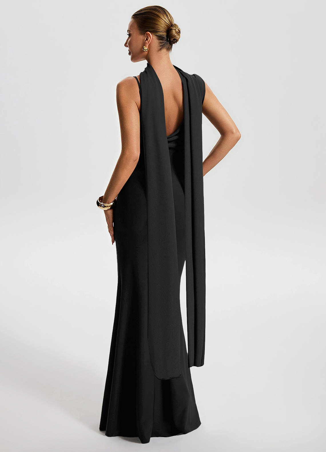 Freya Mermaid Cowl-Neck Stretch Jersey Evening Dress in Black