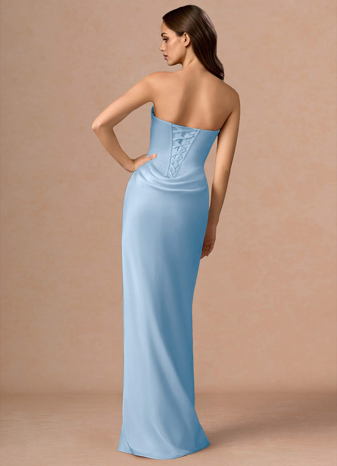Valencia Scarf Lace-Up Stretch Satin Evening Dress in Haze blue