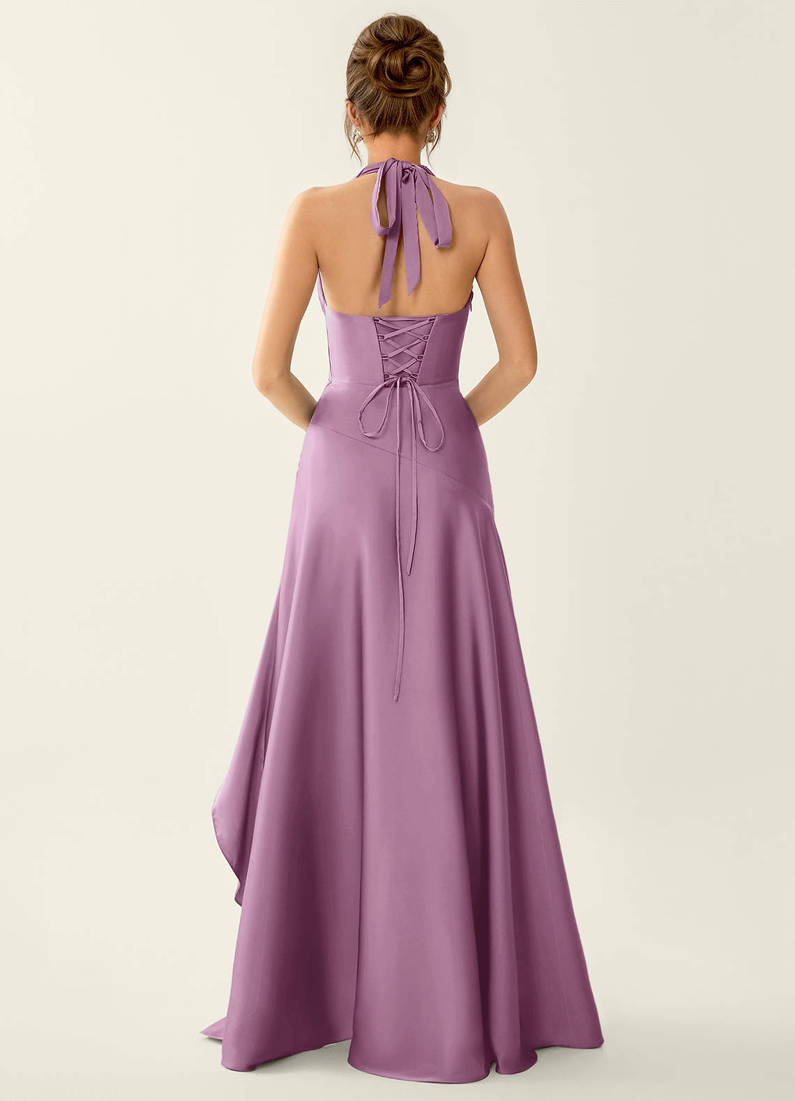 Titania Halter Asymmetric-Ruffle Satin Evening Dress in Wisteria