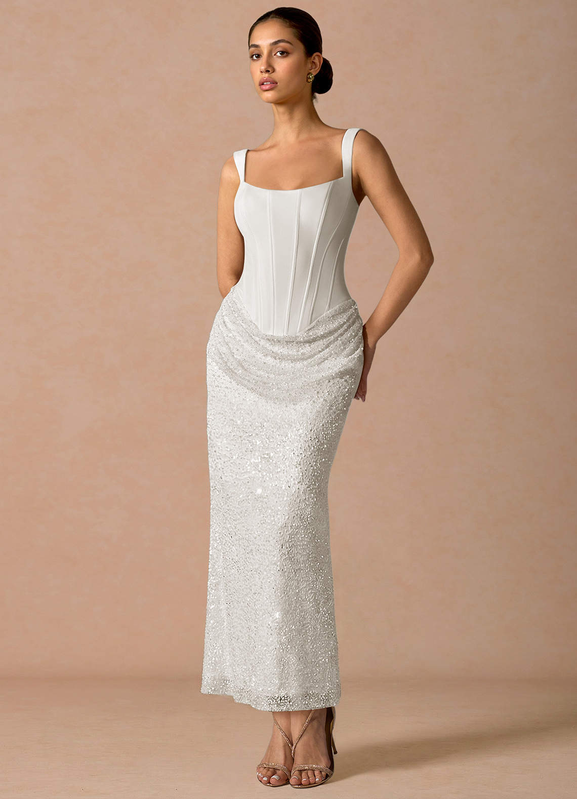 Niamh A-Line Square-Neck Chiffon Tulle Evening Dress in White