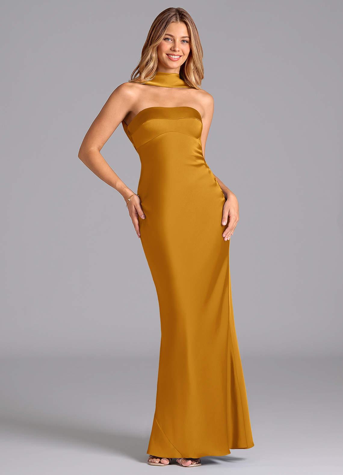 Lusinda Mermaid Strapless Stretch Satin Bridesmaid Dress in butterscotch
