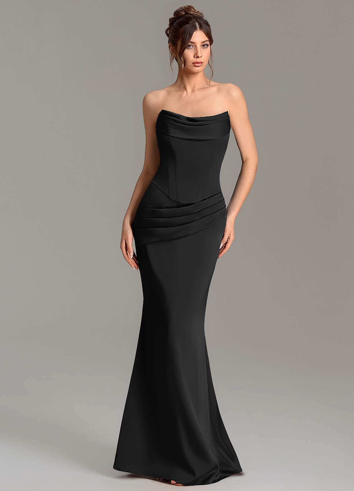 Adrienne Mermaid Cowl-Neck Stretch Satin Bridesmaid Dress in black