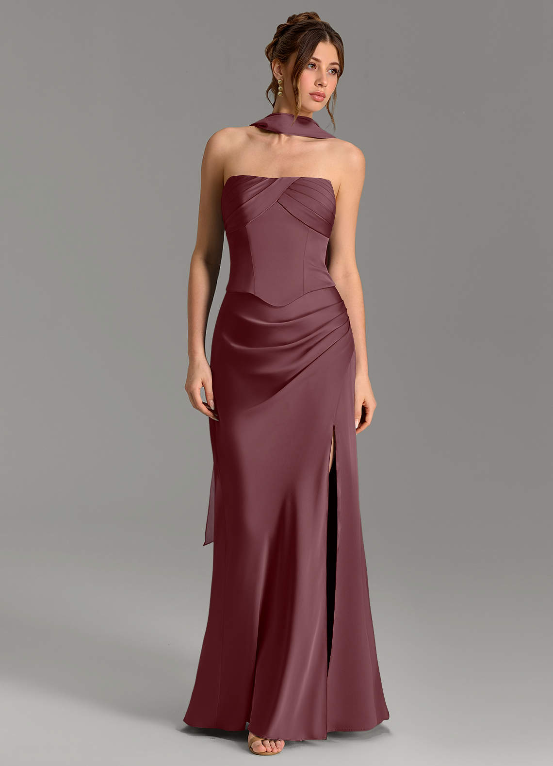 Nicki Sheath Scoop-Neck Stretch Satin Bridesmaid Dress in Sangria