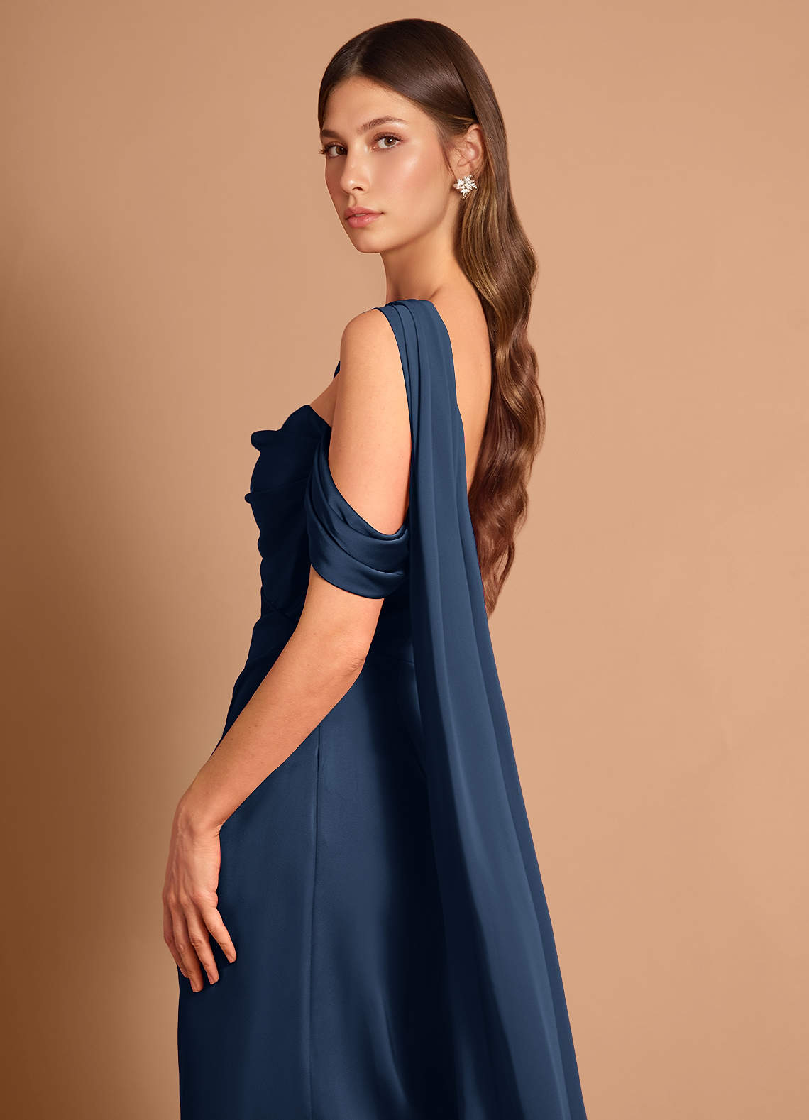 Meliora Asymmetric Strapless Chiffon-Drape Stretch Satin Evening Dress in Navy