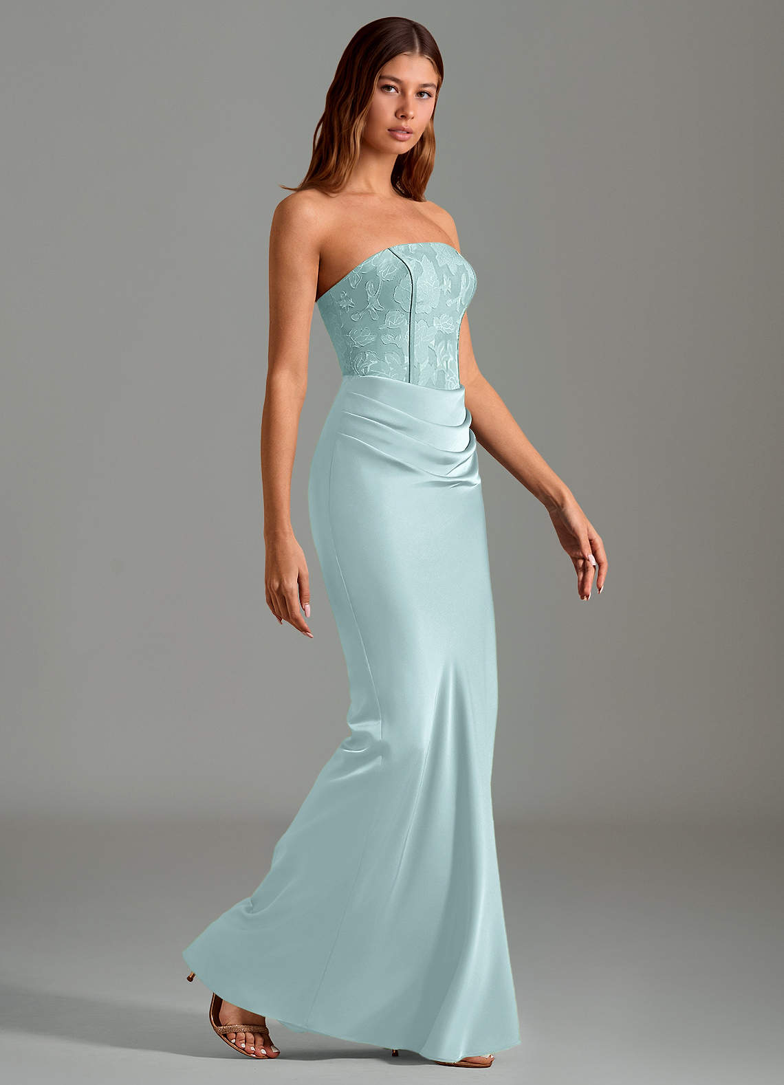 Emilia Mermaid Strapless Stretch Satin and Floral Burnout Bridesmaid Dress in Mist