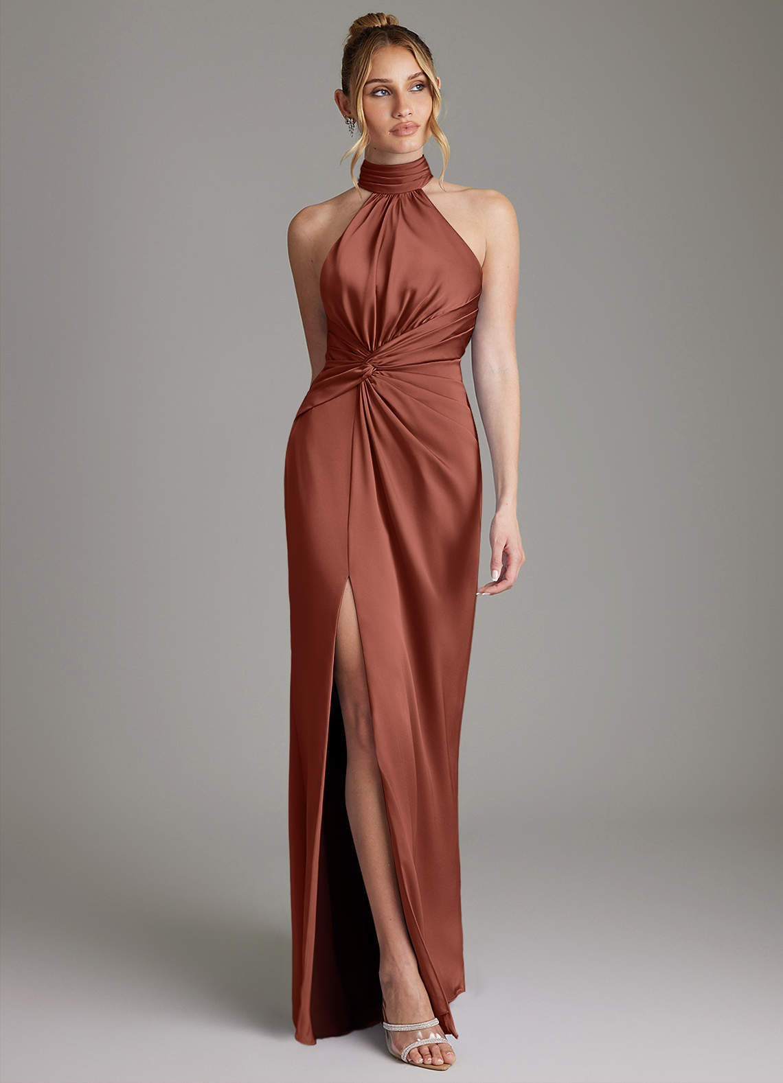 Gracelynn Sheath Halter Stretch Satin Bridesmaid Dress in Auburn