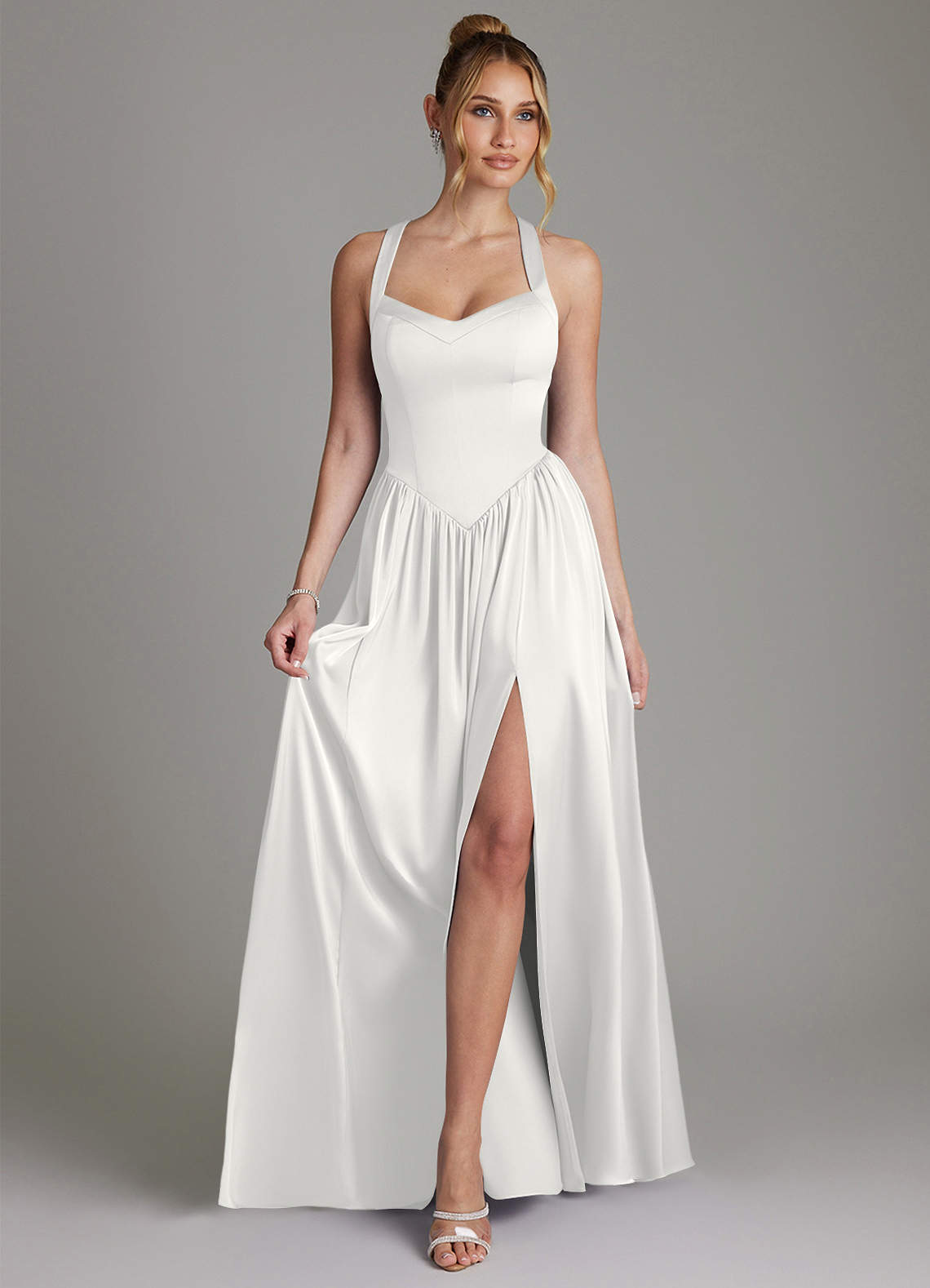 Francis A-Line V-Neck Stretch Satin Bridesmaid Dress in white