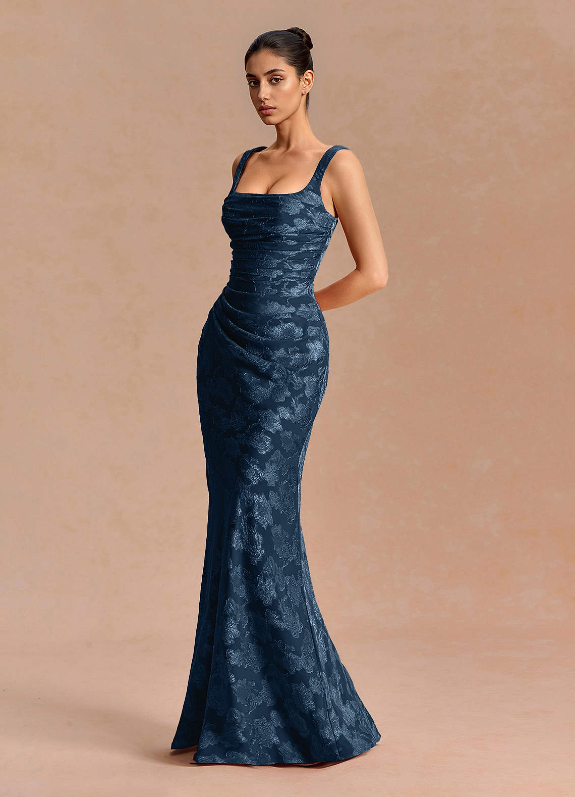 Agustina Square-Neck Pleated Fil Coupé Evening Dress in Navy