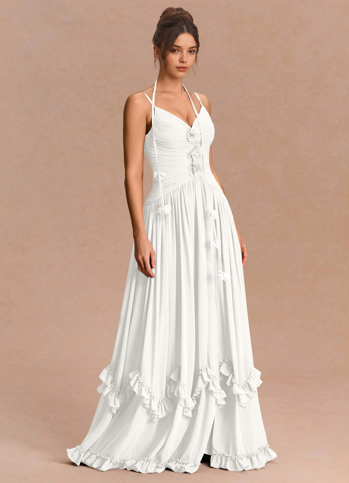 Eulalie A-Line Floral-Appliqué Chiffon Evening Dress in White